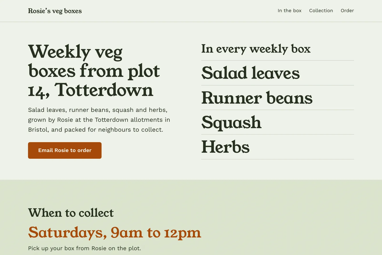 Rosie’s page: her veg boxes, collection times and how to order